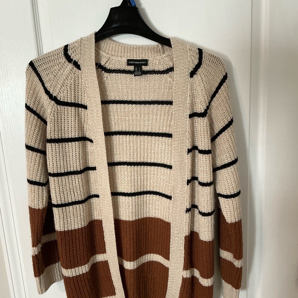 Streetwear Society Cream and Brown Striped Cardigan